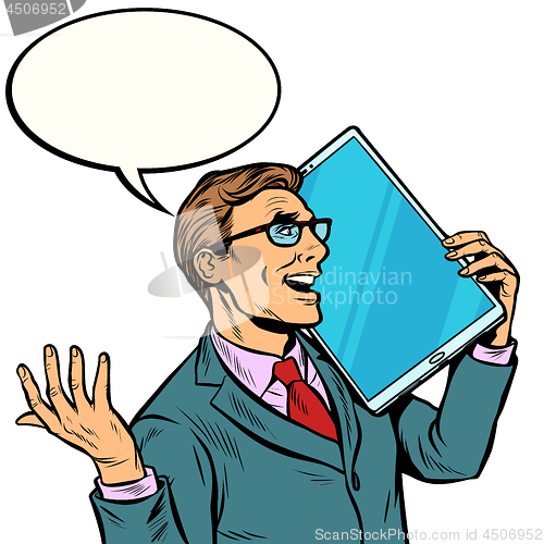 Image of Businessman talking on the phone with a very large screen, tablet. humor gadgets technique