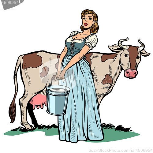 Image of a woman milker cow bucket milk. agriculture village life