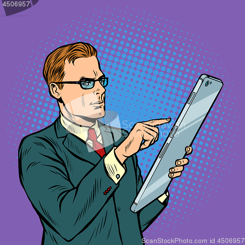 Image of businessman and smartphone with big screen