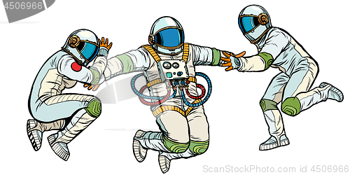 Image of three astronauts in space in zero gravity isolate on white background