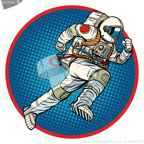 Image of astronaut runs forward round emblem