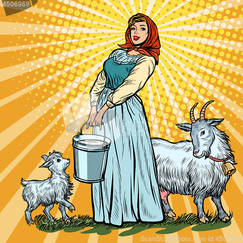 Image of a village woman with bucket of milk goats