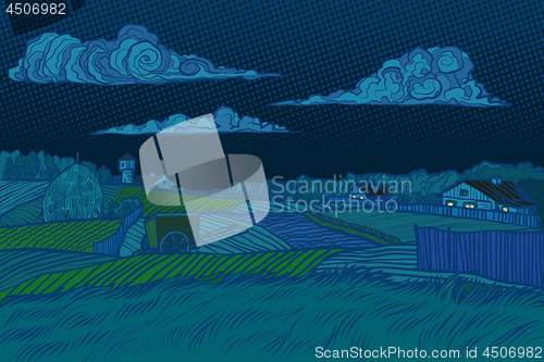 Image of rural landscape night view, houses light in the window