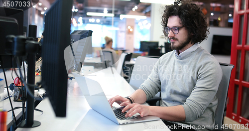 Image of businessman working using a laptop in startup office
