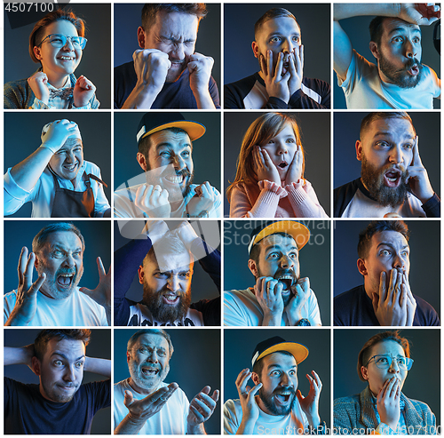 Image of Collage about emotions of football fans watching soccer on tv