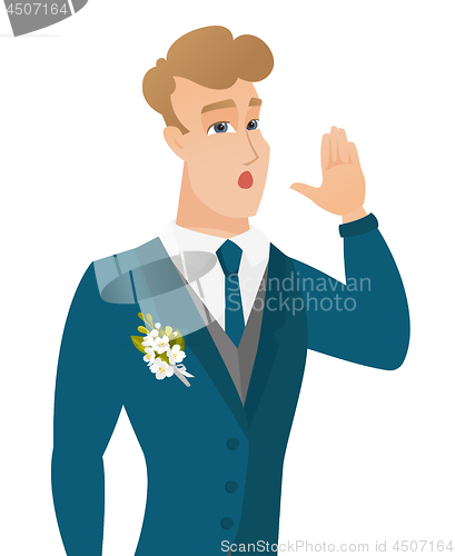 Image of Young caucasian groom calling for help.