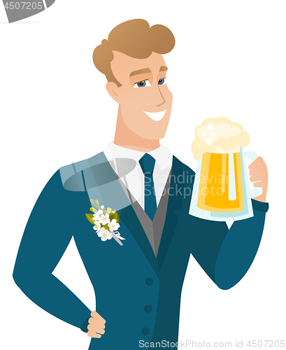 Image of Young caucasian groom drinking beer.