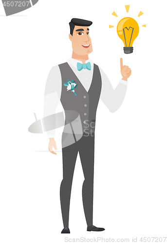 Image of Groom pointing at business idea light bulb.