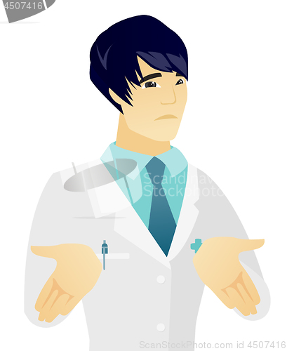 Image of Asian confused doctor shrugging shoulders