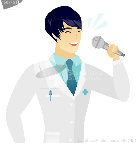 Image of Young asian doctor singing to the microphone.