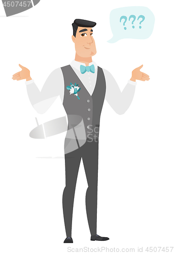 Image of Caucasian confused groom with spread arms.