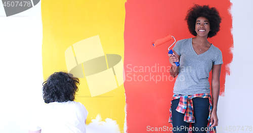 Image of multiethnic couple painting interior wall