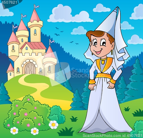 Image of Medieval lady near stylized castle