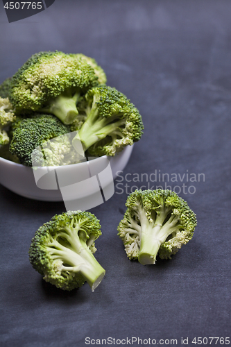 Image of Fresh green organic broccoli in white bowl.