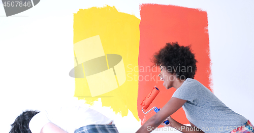 Image of multiethnic couple painting interior wall