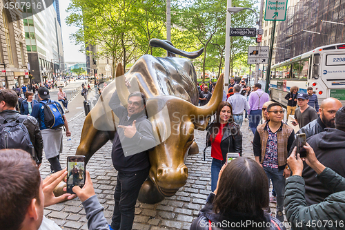 Image of The landmark Charging Bull in Lower Manhattan represents the strength and power of the American People in New York, USA, on 18th of May, 2018.