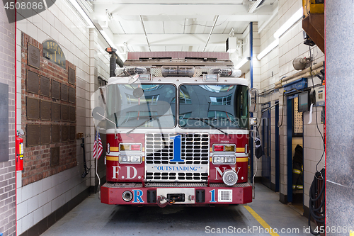 Image of New York fire department trucks parked in fire station on 18th of May, 2018 in New York City, USA.