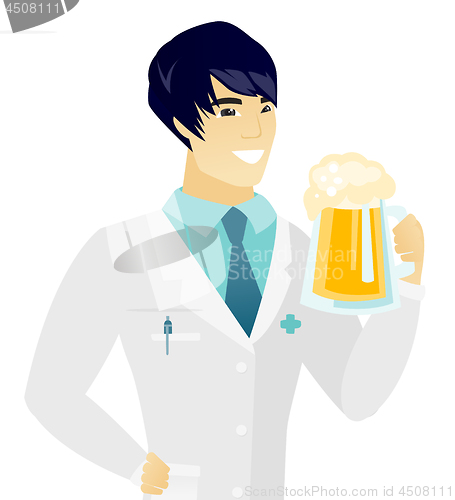 Image of Young asian doctor drinking beer.