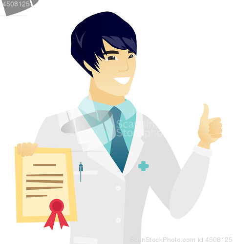 Image of Young asian doctor holding a certificate.