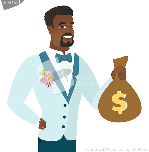 Image of Young african-american groom showing a money bag.