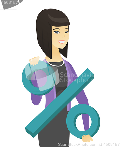 Image of Smiling asian business woman holding percent sign.