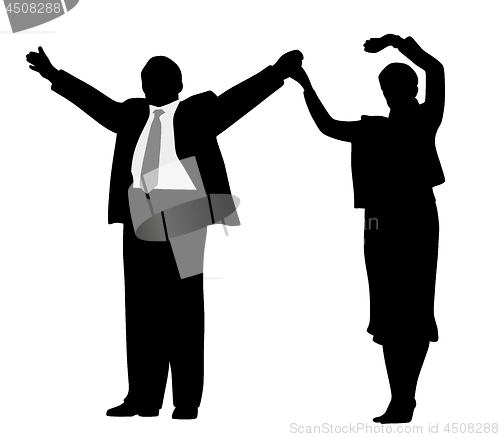 Image of Successful business partners or leader politicians waving raised hands and greeting people