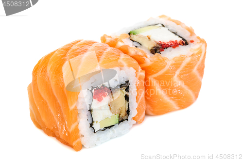 Image of Uramaki maki sushi, two rolls isolated on white