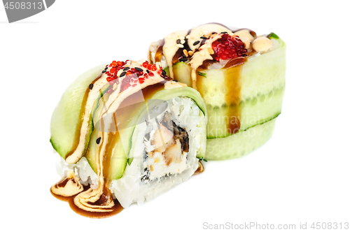 Image of Uramaki maki sushi, two rolls isolated on white