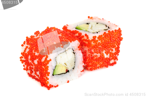 Image of Uramaki maki sushi, two rolls isolated on white