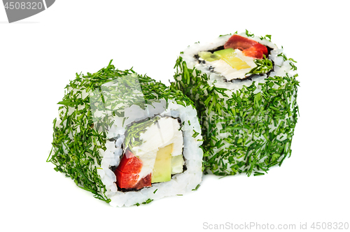 Image of Uramaki vegetable maki sushi with dill, two rolls isolated on white