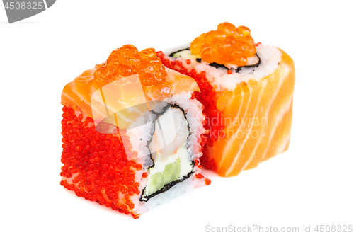 Image of Uramaki maki sushi, two rolls isolated on white