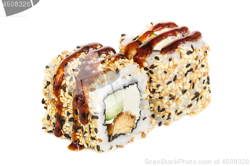 Image of Uramaki maki sushi, two rolls isolated on white