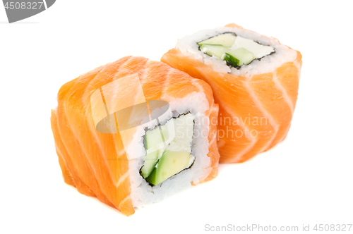 Image of Uramaki maki sushi, two rolls isolated on white