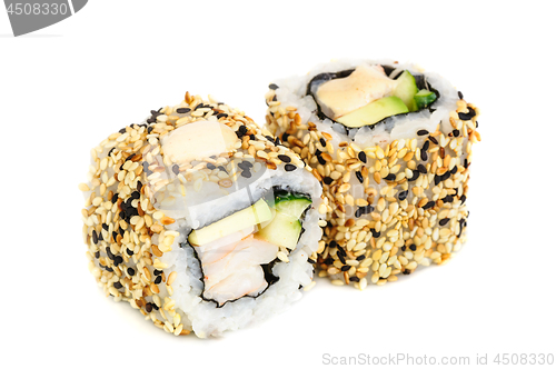 Image of Uramaki maki sushi, two rolls isolated on white