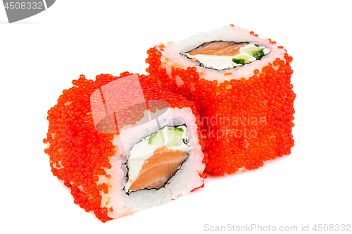 Image of Uramaki maki sushi, two rolls isolated on white