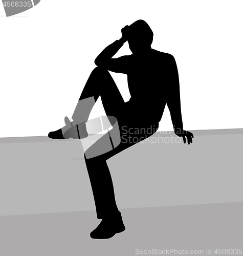 Image of Sitting relaxed person holding head with hand and thinking