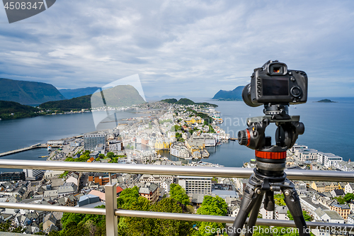 Image of City of Alesund Norway Camera on a tripod on the observation dec