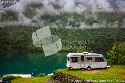 Image of Family vacation travel RV, holiday trip in motorhome