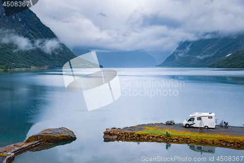 Image of Family vacation travel RV, holiday trip in motorhome