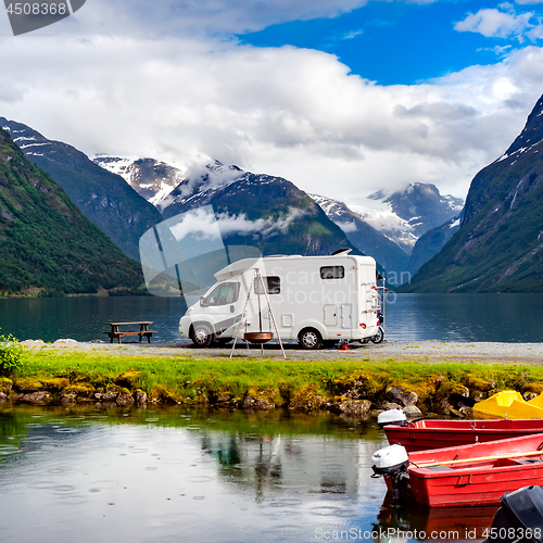 Image of Family vacation travel RV, holiday trip in motorhome