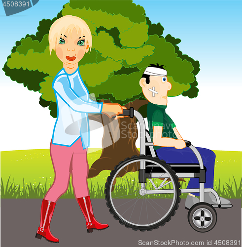 Image of Girl walks with sick in park.Vector illustration