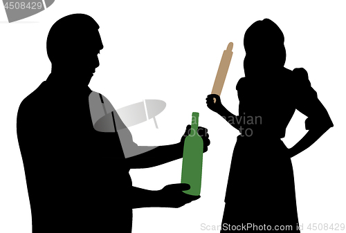 Image of Husband looking at bottle of alcohol and angry wife holding rolling pin