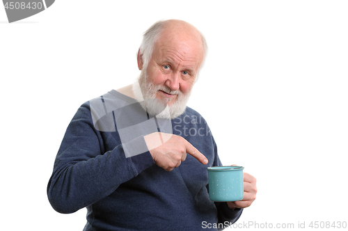 Image of unhappy elderly man with cup of bad tea or coffee isolated on white