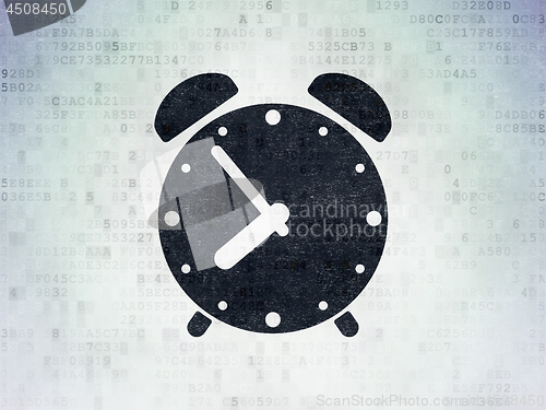 Image of Timeline concept: Alarm Clock on Digital Data Paper background