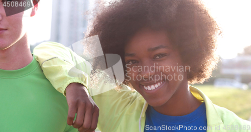 Image of Portrait of multiethnic group of young people on the jogging