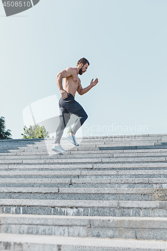 Image of Fit man doing exercises outdoors at city