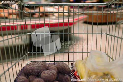 Image of view from the shopping cart. product in the supermarket trolley.