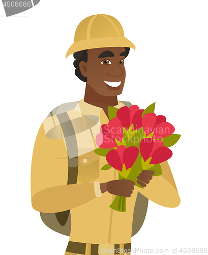 Image of Young african traveler holding bouquet of flowers.