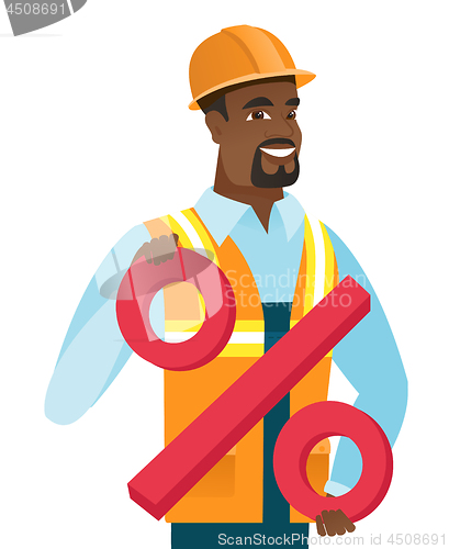 Image of African-american builder holding percent sign.