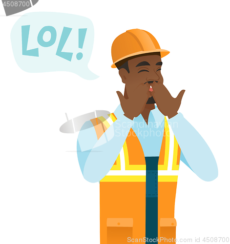 Image of Young african-american builder laughing out loud.